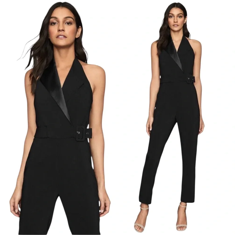 Reiss Tuxedo Halter Sleeveless Belted Jumpsuit in Black Sz 10 Holiday New Years - Picture 3 of 11
